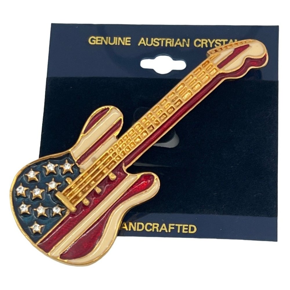 NWT Genuine Austrian Crystal With Red, White, Blue Guitar Fashion Jewelry Pin